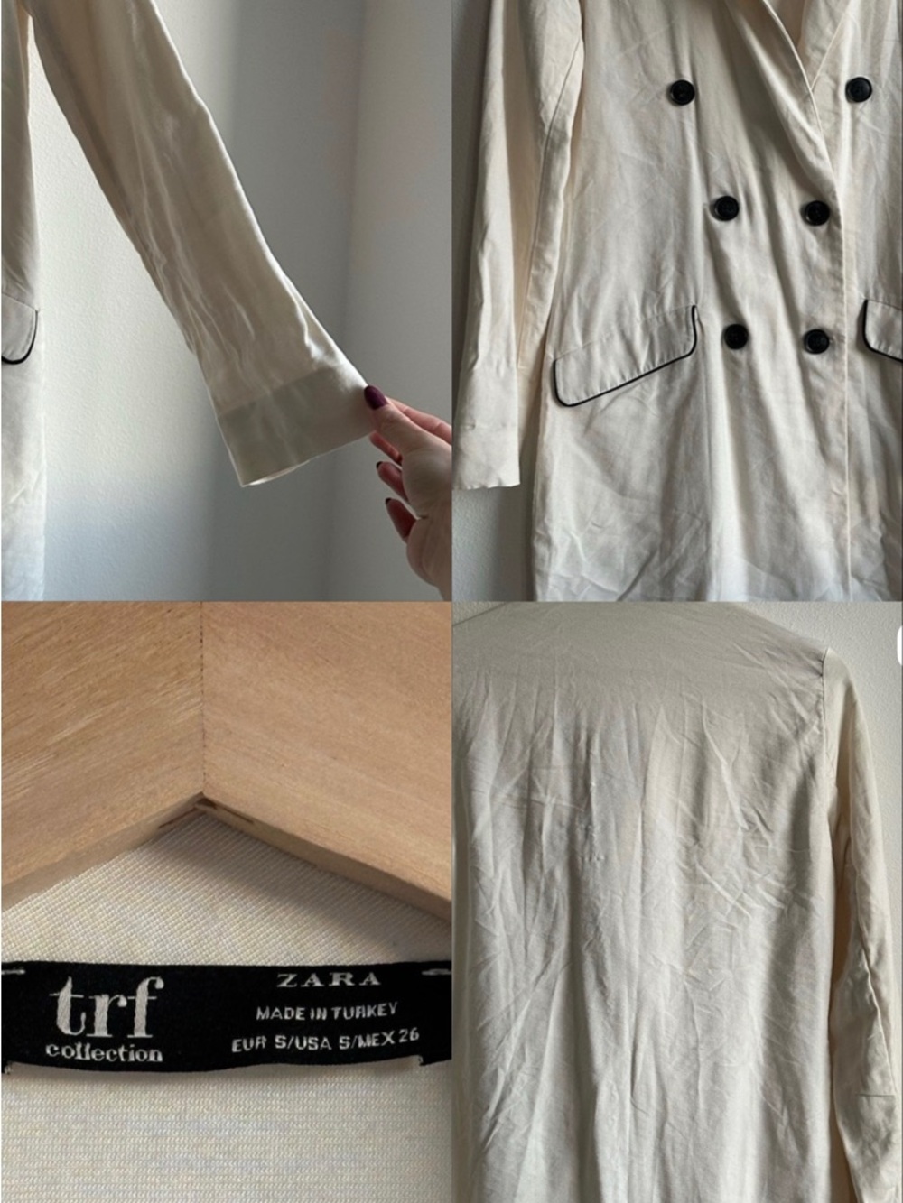 Zara Cream Double-Breasted Blazer with Black Trim